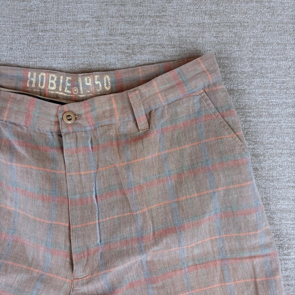 VTG Hobie 1950 Linen Shorts Mens 36 Tan Plaid Coastal Surf Summer Casual 90'S